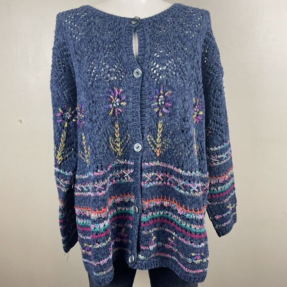 Vintage Express Tricot Hand Knit Multi Color Floral Design Size Large Cardigan - Picture 2 of 12